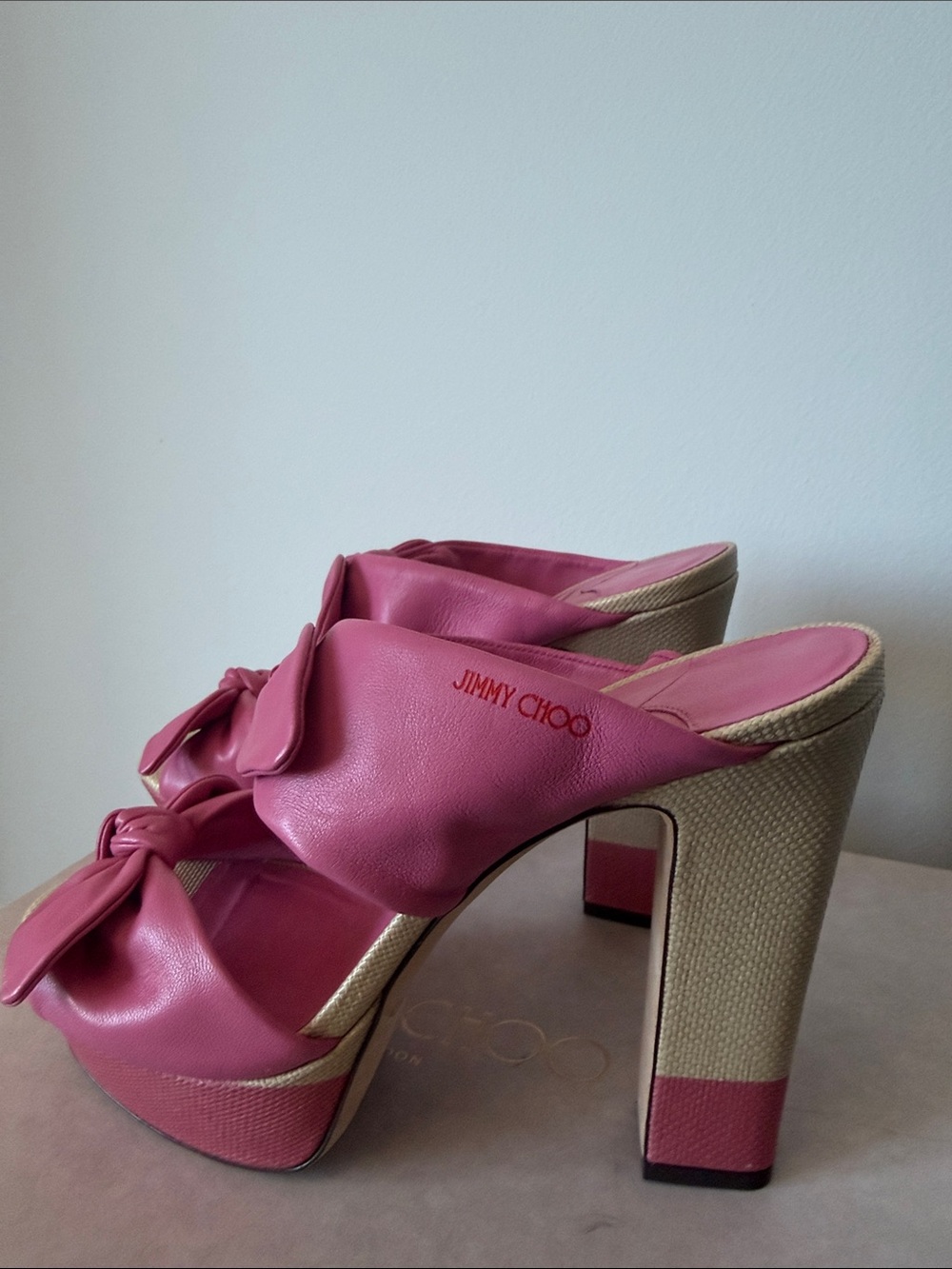 Jimmy Choo Pink Leather Knot Platform Sandals - Picture 2 of 7